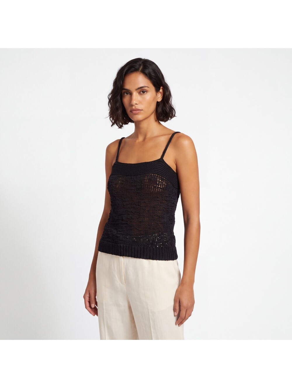 A New Day Black Open Knit Crochet Tank Top M Sweater Cami Sheer Textured EUC